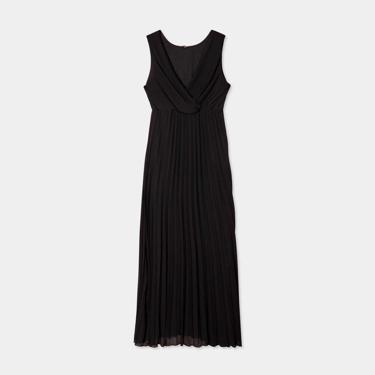 Robe longue plissée sans manches col V noir femme