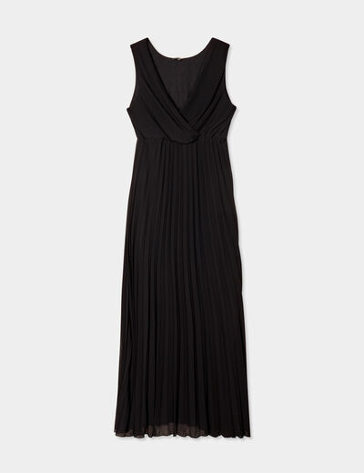Robe longue plissée sans manches col V noir femme