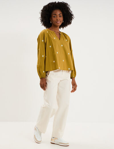 Blouse brod&eacute;e col tunisien coton vert olive femme