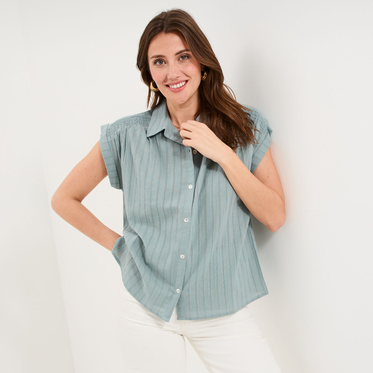 Blouse manches courtes bleu gris femme