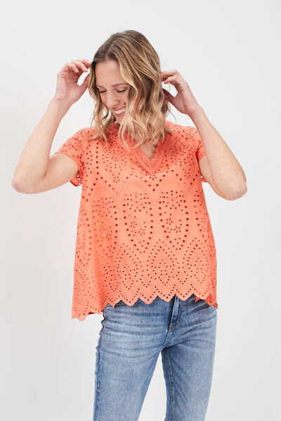 Blouse manches courtes rouge corail femme