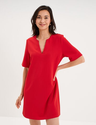 Robe courte col en V manches courtes rouge femme