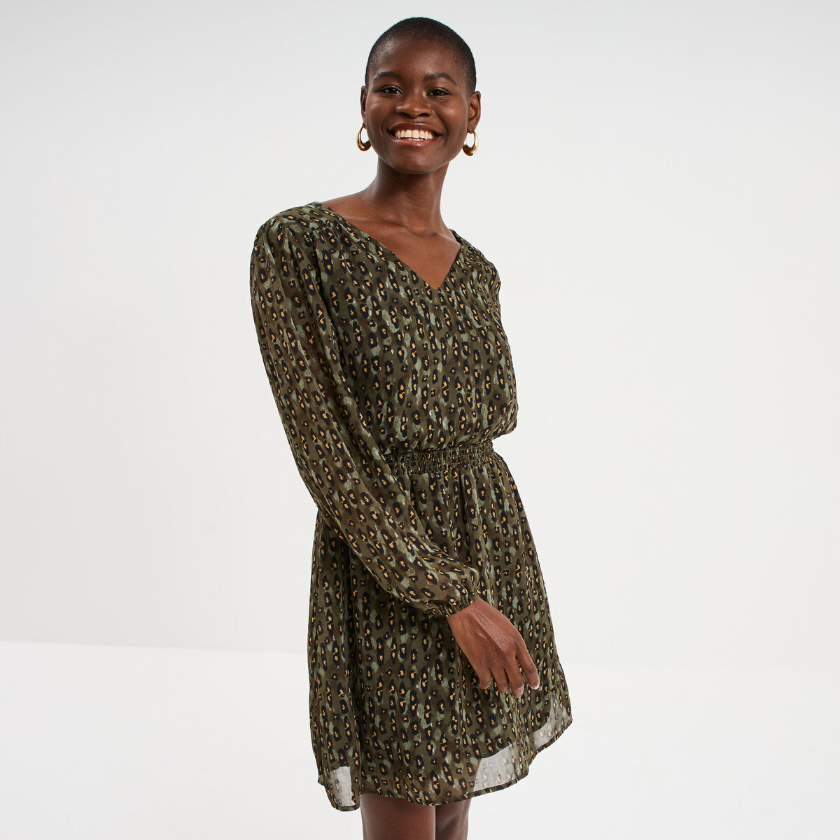 Robe fluide manches longues vert kaki femme