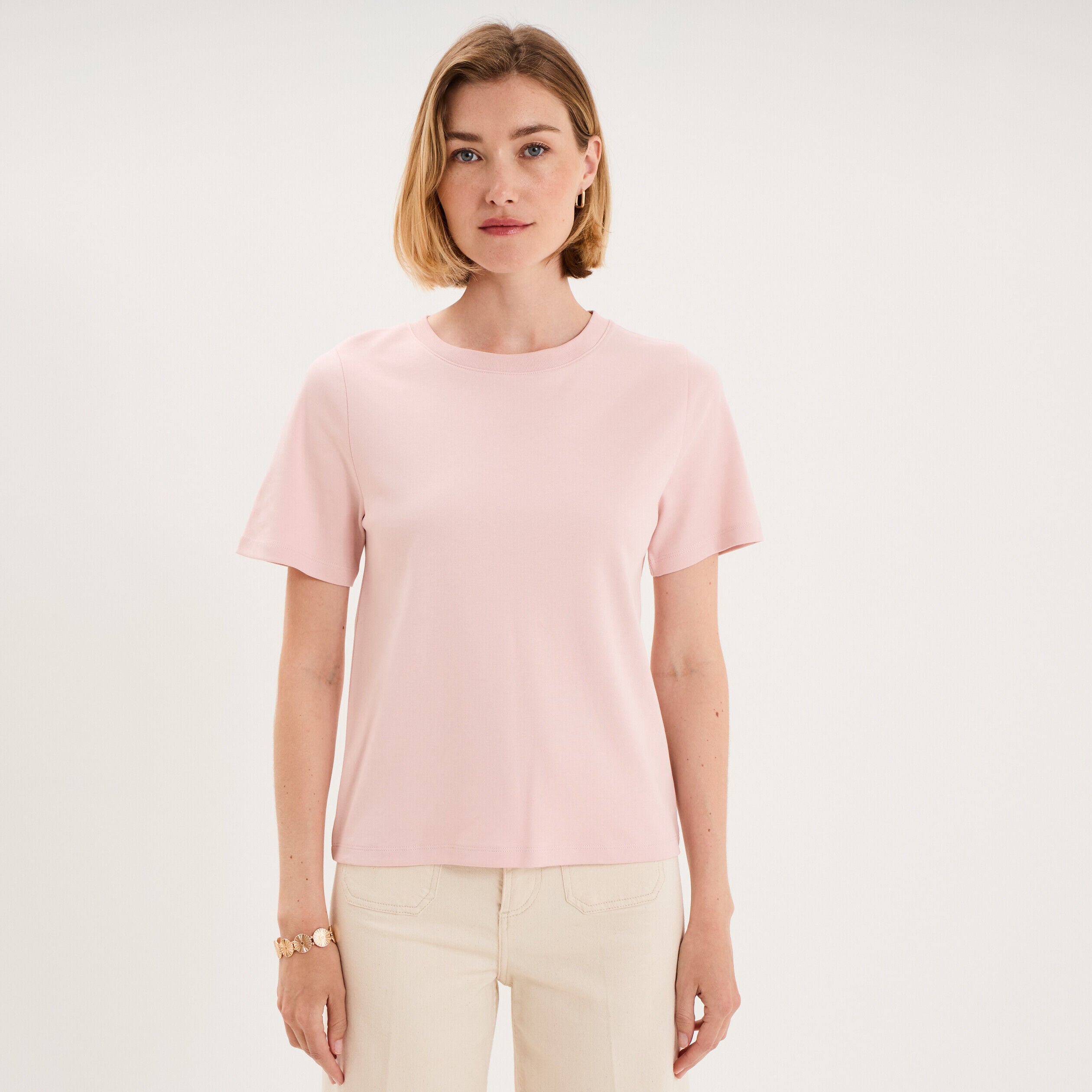 T-shirt manches courtes col rond coton rose pastel femme