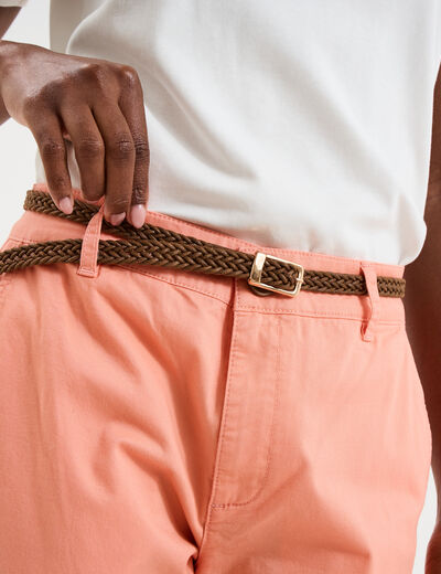 Pantalon chino 7/8&egrave;me ceinture tress&eacute;e orange corail femme