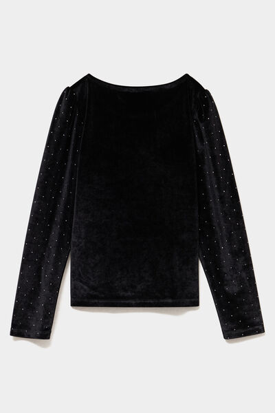 T-shirt ajust&eacute; effet velours &agrave; strass noir fille