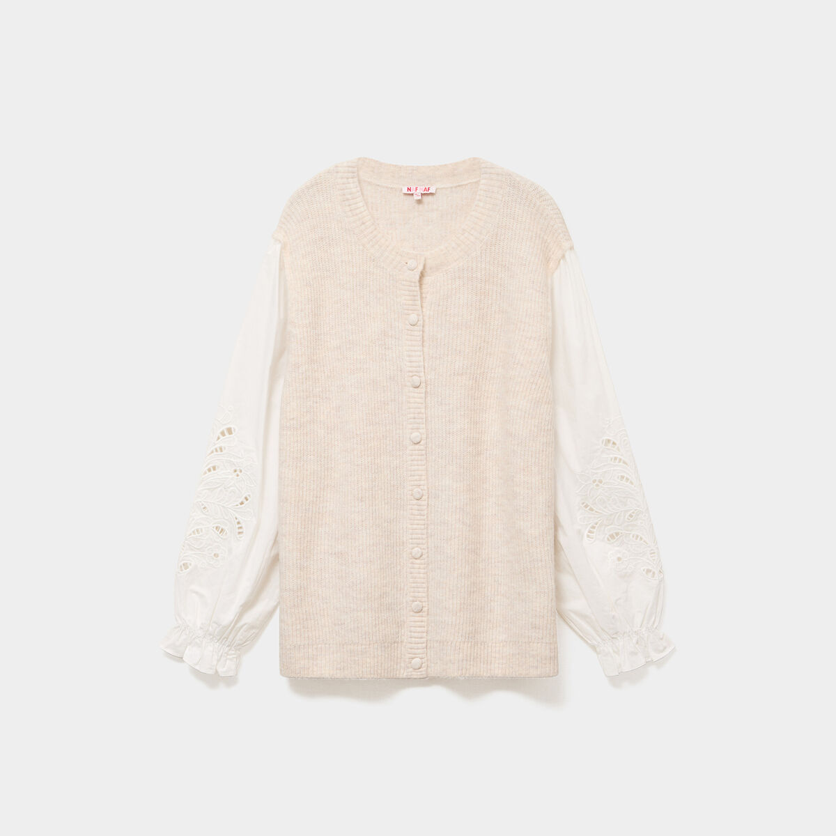 Gilet effet 2-en-1 manches brod&eacute;es beige femme grande taille