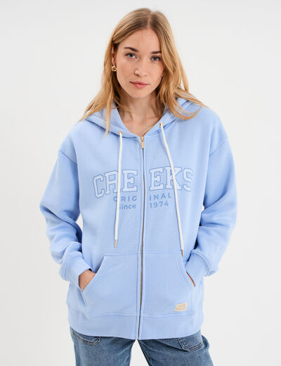 Sweat zipp&eacute; &agrave; capuche bleu lavande femme