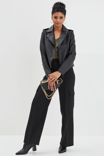 Pantalon large cargo à pinces noir femme