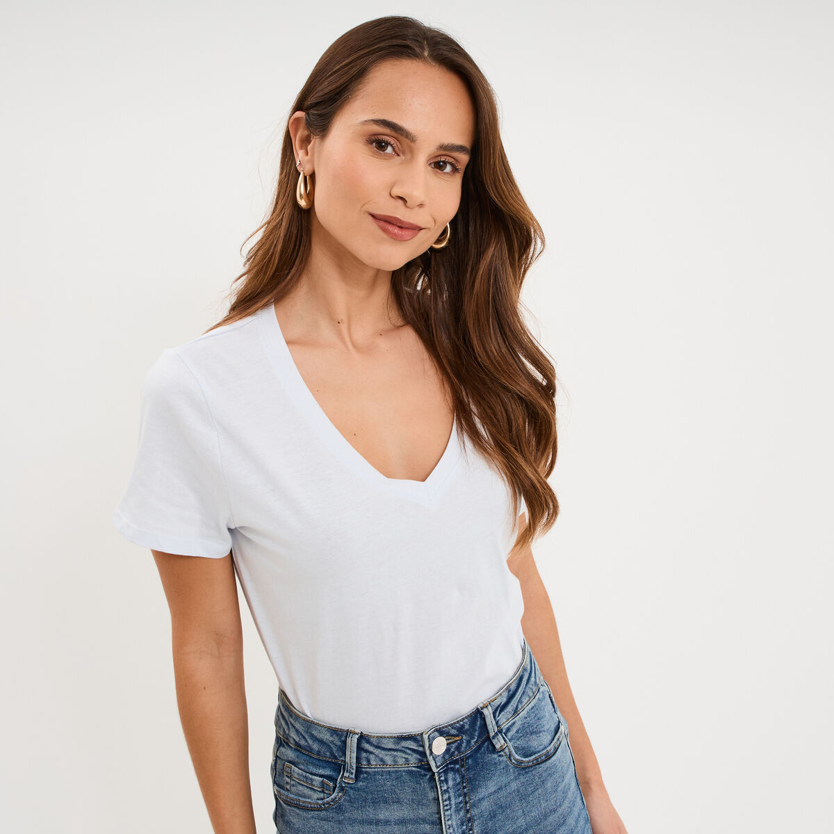 T-shirt manches courtes col en V coton bleu clair femme