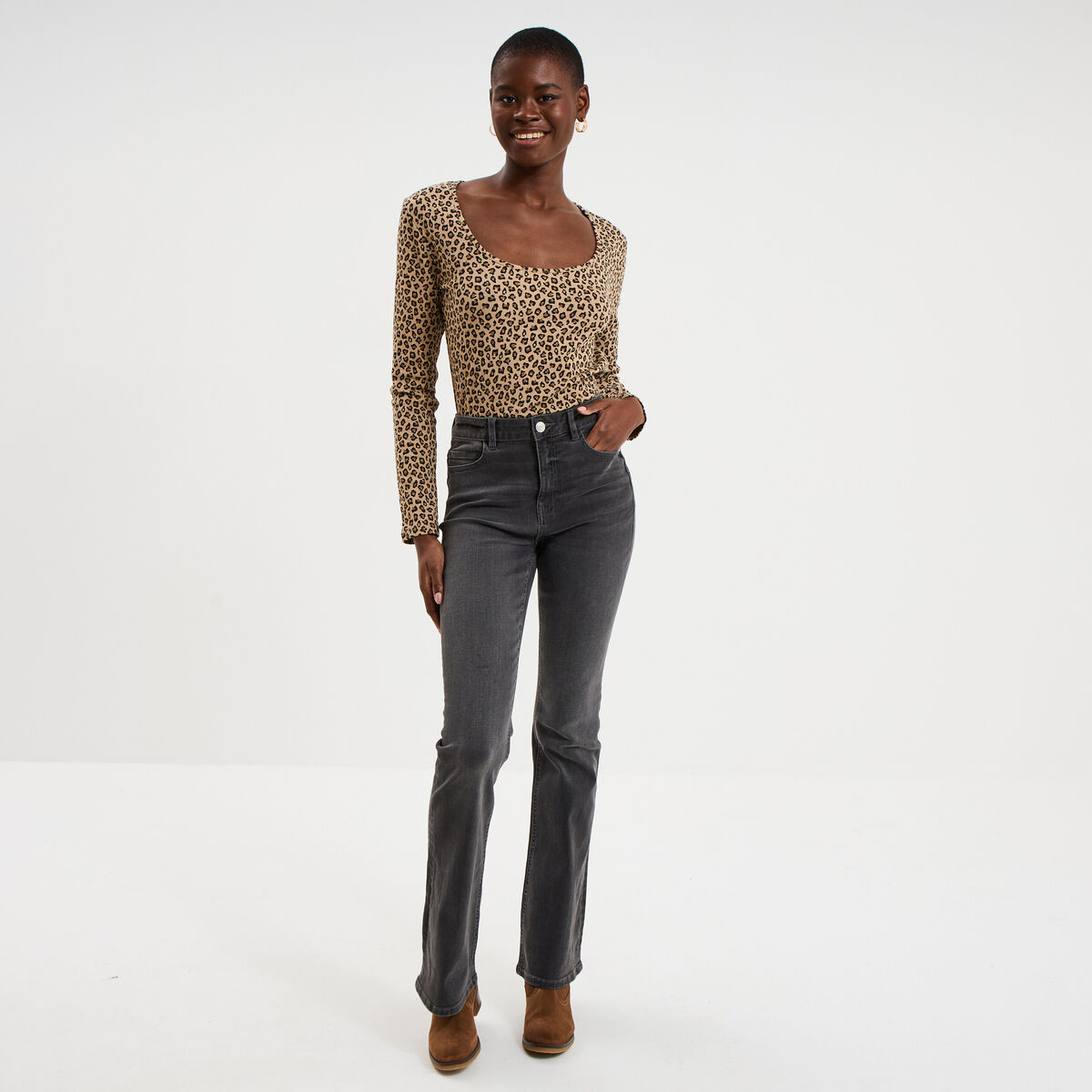 T-shirt coton stretch manches longues beige femme