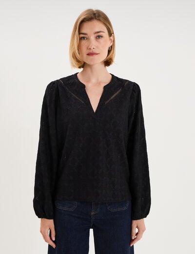Blouse broderie anglaise col tunisien noir femme