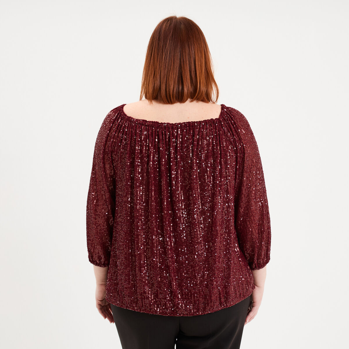 Blouse &agrave; sequins col bardot manches 3/4 rouge fonc&eacute; femme grande taille