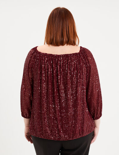 Blouse &agrave; sequins col bardot manches 3/4 rouge fonc&eacute; femme grande taille