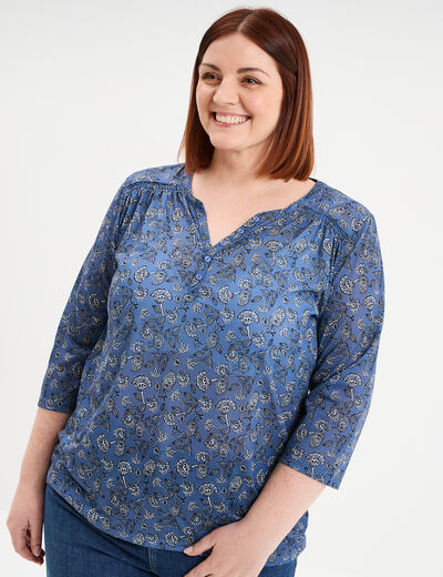 T-shirt col tunisien manches 3/4 bleu gris femme grande taille