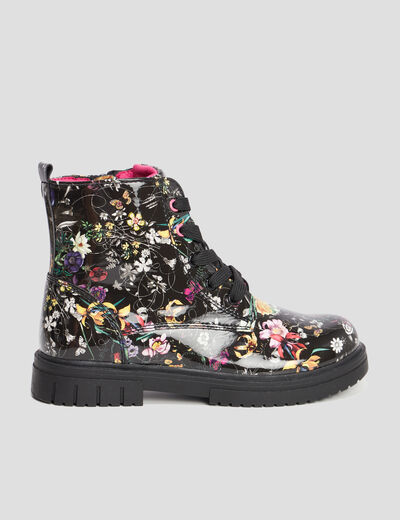 Bottines vernies crantées motif fleurs noir fille
