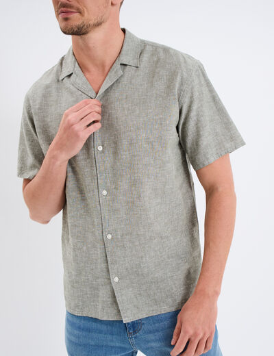 Chemise manches courtes mélange lin vert kaki homme