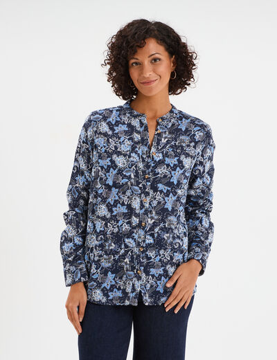Chemise manches longues col mao bleu marine femme