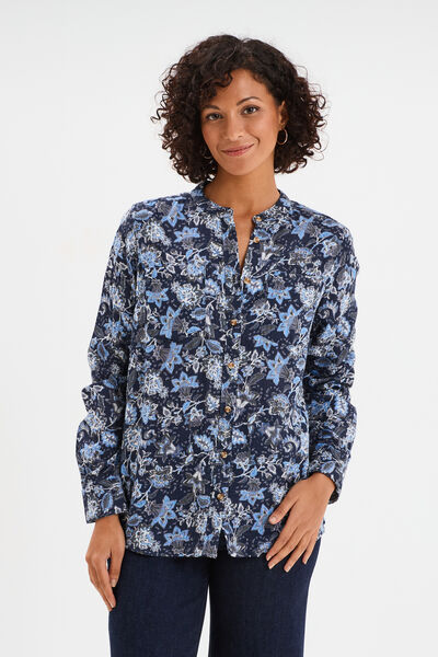 Chemise manches longues col mao bleu marine femme