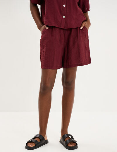Short droit fluide taille &eacute;lastiqu&eacute;e bordeaux femme