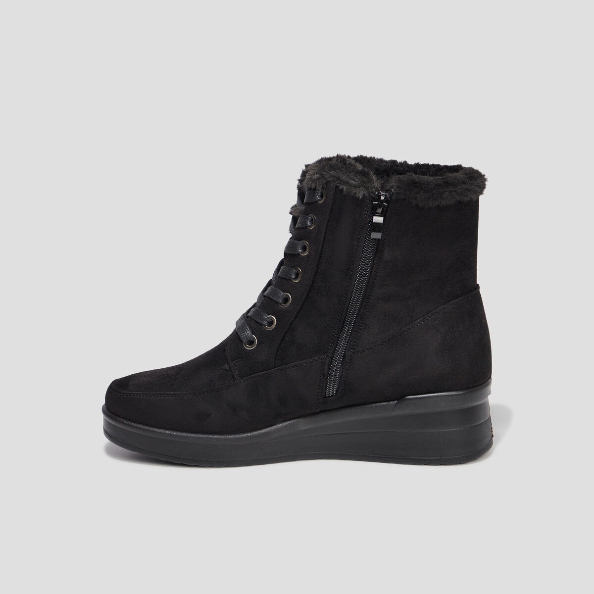 Bottines fourrées compensées pied large noir femme