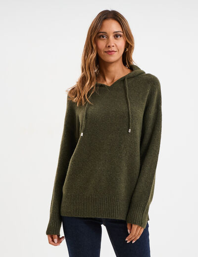 Pull &agrave; capuche manches longues vert kaki femme