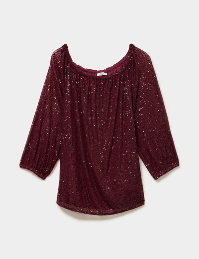 Blouse &agrave; sequins col bardot manches 3/4 rouge fonc&eacute; femme grande taille
