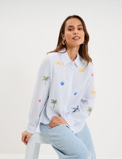 Chemise brod&eacute;e manches longues blanc femme