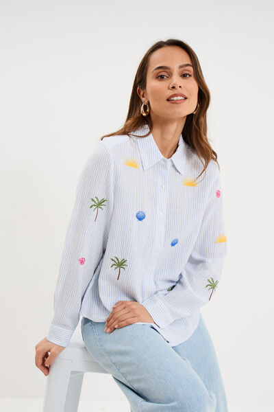 Chemise brod&eacute;e manches longues blanc femme