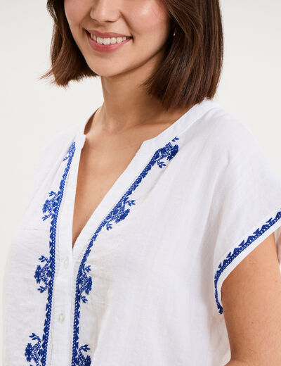 Blouse brod&eacute;e manches courtes blanc femme