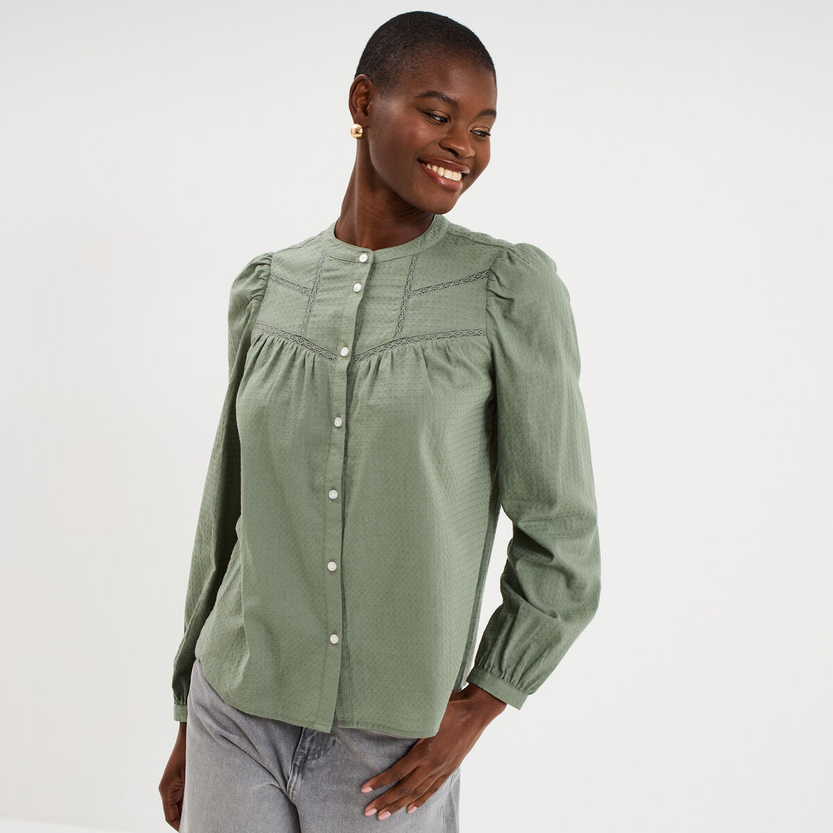 Blouse droite manches longues coton vert kaki femme