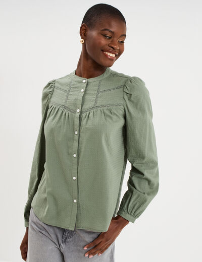 Blouse droite manches longues coton vert kaki femme