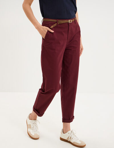 Pantalon chino regular ceinture tress&eacute;e violet fonc&eacute; femme