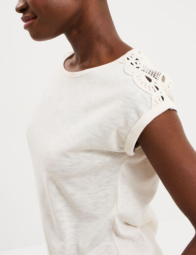 T-shirt avec broderie &eacute;paules ecru femme
