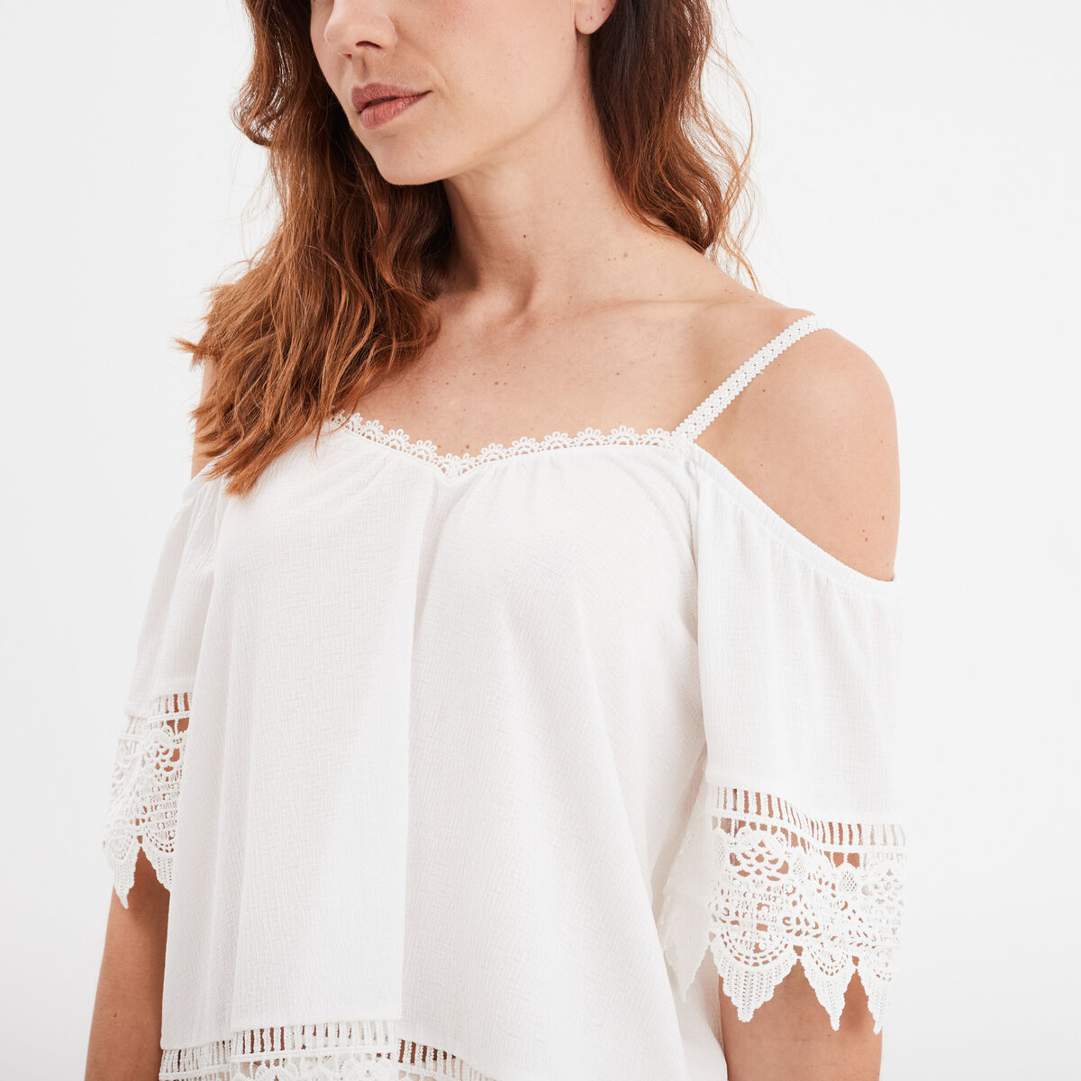 T-shirt col bardot et macram&eacute; Mosquitos blanc femme