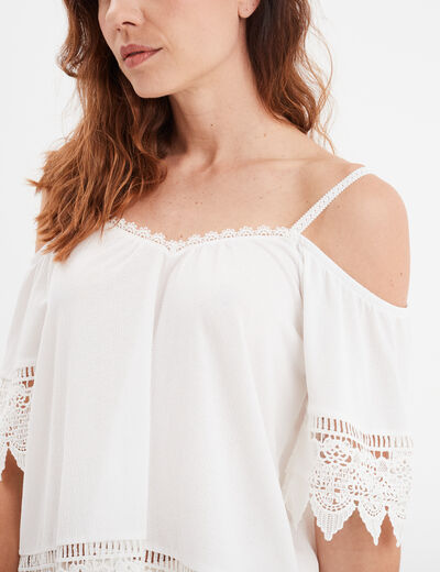 T-shirt col bardot et macramé Mosquitos blanc femme