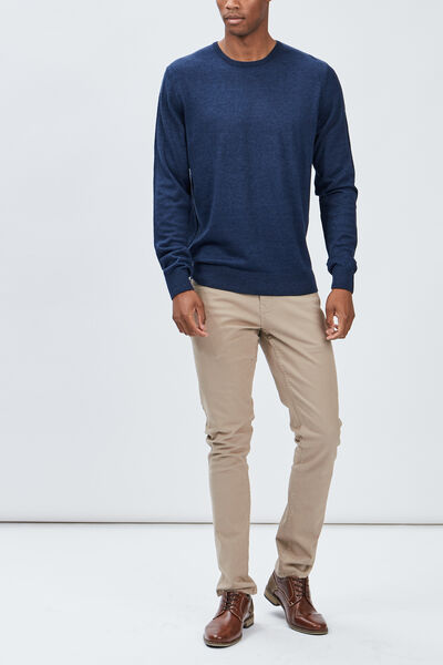 Pull droit col rond coton m&eacute;lang&eacute; bleu fonc&eacute; homme