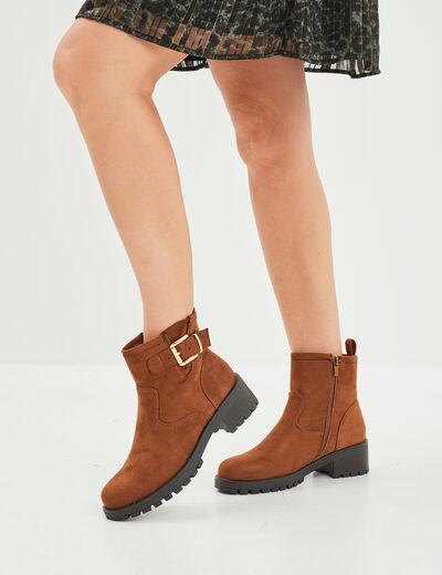 Bottines ranger crantées avec boucles marron femme