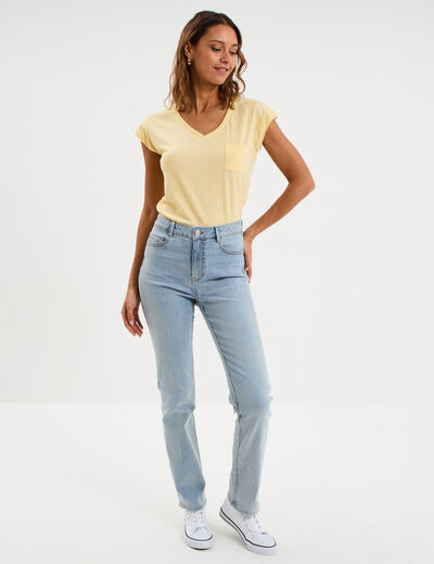 T-shirt col v poche poitrine jaune pastel femme
