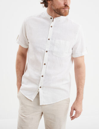 Chemise col mao lin m&eacute;lang&eacute; blanc homme