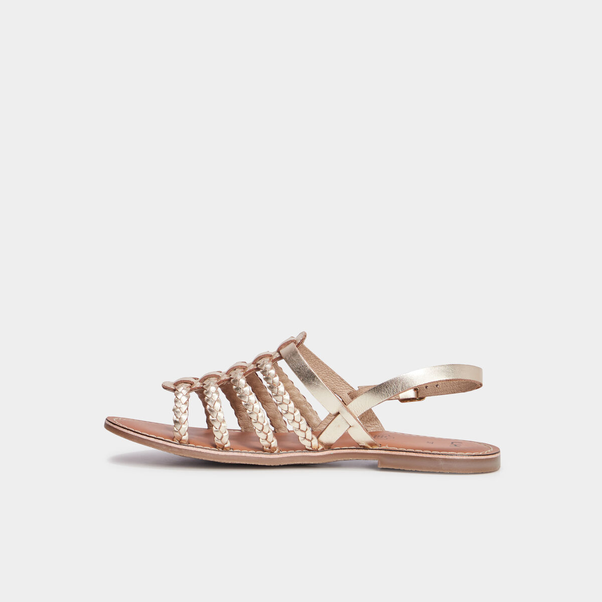 Sandales brides tress&eacute;es en cuir jaune or femme