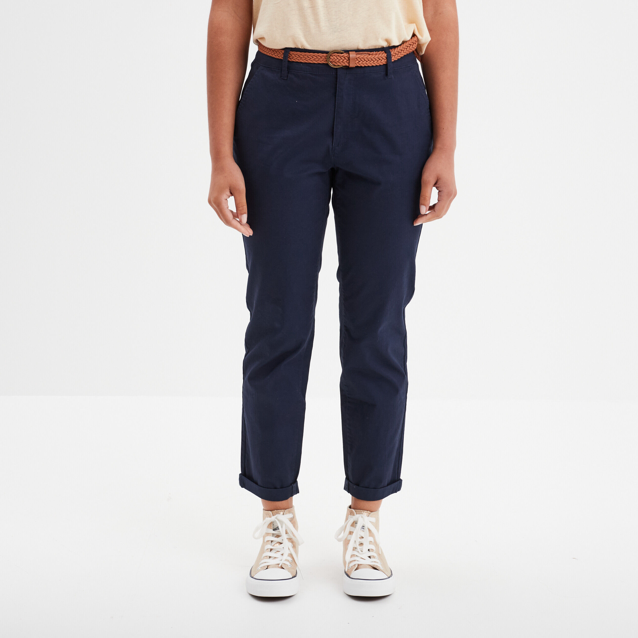 Pantalon chino 7/8ème ceinture tressée bleu marine femme LH
