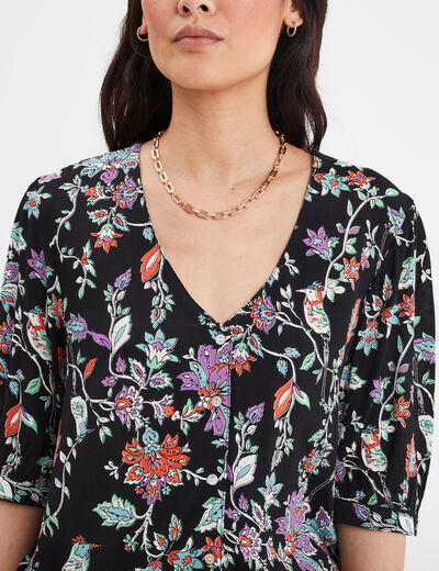 Blouse col en V manches ballons noir femme