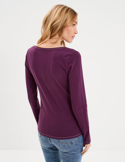 T-shirt manches longues col en V coton prune femme