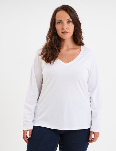 T-shirt col en V manches longues coton blanc femme grande taille