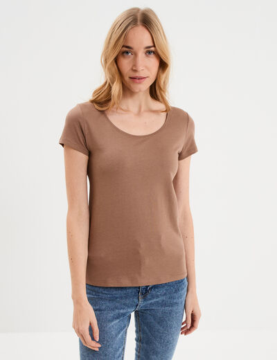 T-shirt coton col rond manches courtes marron clair femme