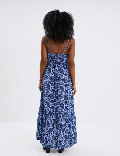 Robe longue bretelles et col en V bleu femme