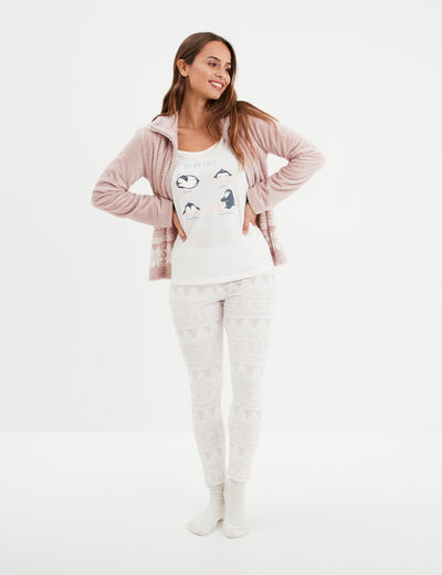 Ensemble pyjama effet polaire 3 pièces rose pastel femme