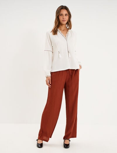 Blouse droite col tunisien avec pompons ecru femme