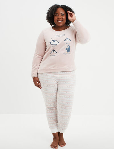 Ensemble pyjama effet velours 2 pièces rose clair femme grande taille